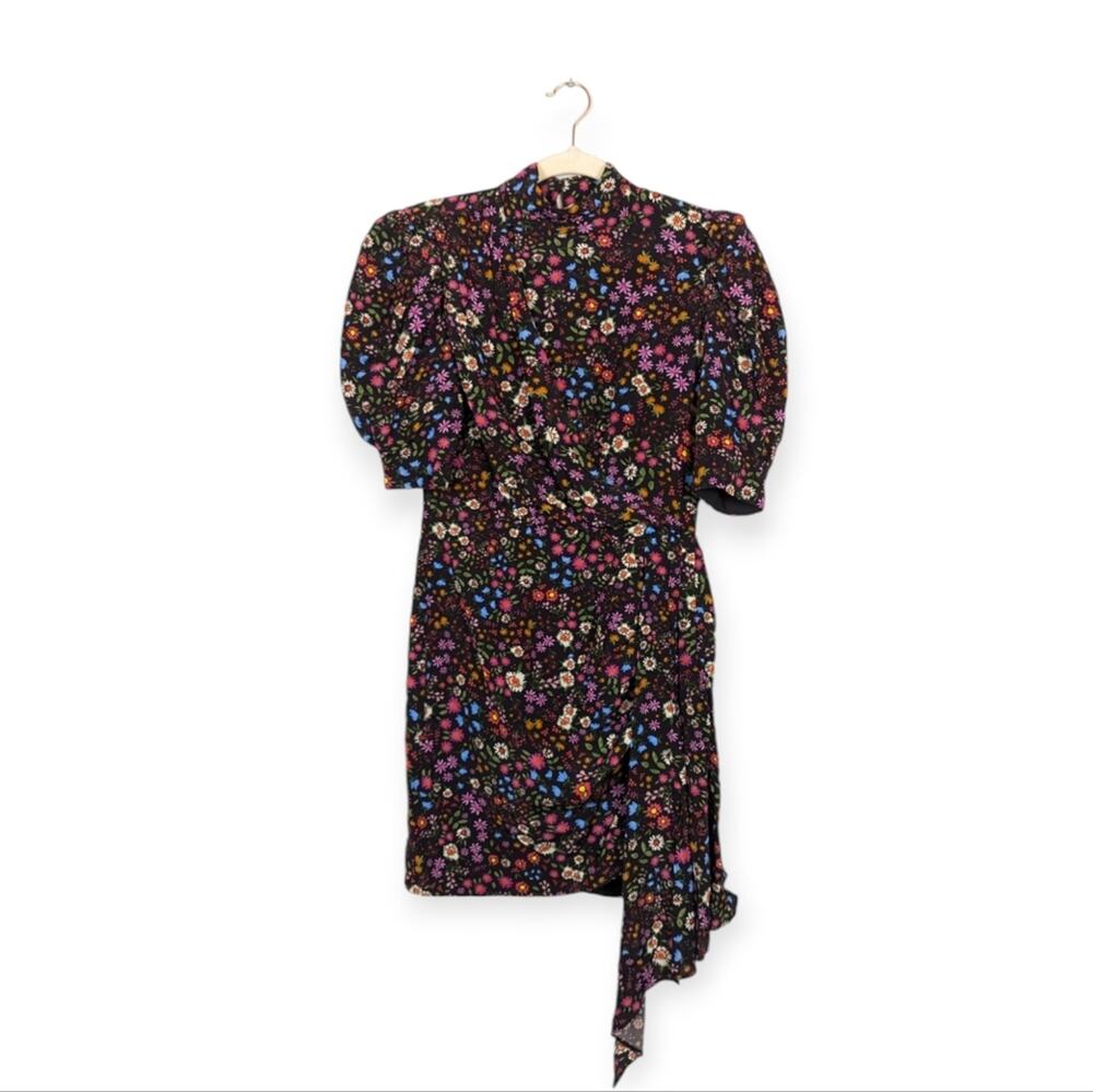 Saylor Vivienne Mini Dress S Black Floral Puff Sleeve Mock Neck Romantic